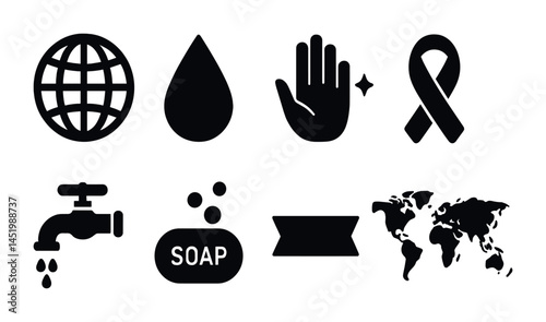 Health and hygiene solid icons set – filled, sanitary and protection symbols