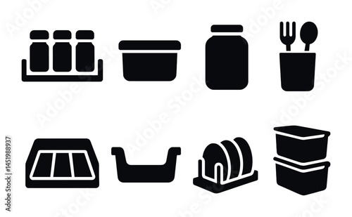 Kitchen storage solid icons set – containers, organization, pantry essentials symbols