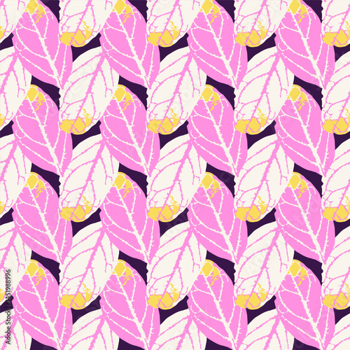 Seamless pattern with dry herbarium leaves in bold vivid colors. Cottagecore foliage wallpaper. Boho botanical texture. Ecological and natural design.
