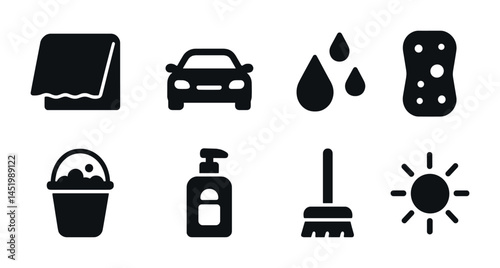 Cleaning tools and hygiene solid icons set – filled, household, sanitation symbols