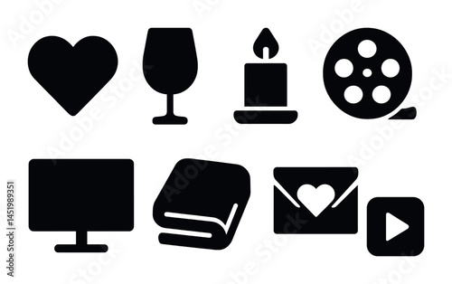 Love and leisure solid icon set – filled, silhouette, passion and relaxation symbols