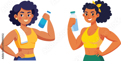 Two Athletic Women Holding Water Bottles Cartoon Flat Illustration