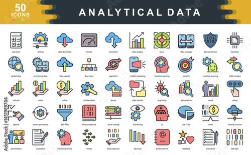 50 Analytical Data flat line icons showcasing processing, AI, metrics, cloud tech, and insights. Ideal for big data, digital marketing, machine learning, and information systems projects.