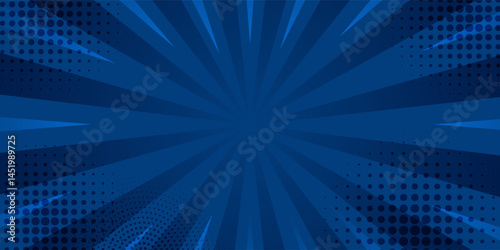 Dark blue comic-style background with radial burst lines and halftone patterns. Bold and energetic design ideal for superhero themes, gaming visuals, and action-packed content.