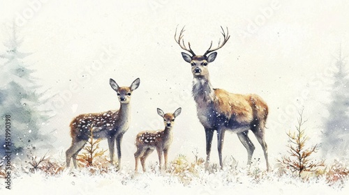 A beautiful watercolor illustration of a deer family in winter.