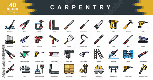 The Carpentry flat line icon set showcases essential hand and power tools used in woodworking, perfect for construction projects, DIY tutorials, tool guides, and skilled trades visuals.