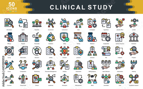 Clinical Study flat line icon set highlights essential elements of scientific trials and medical research.ideal for illustrating protocols, data validation, risk evaluation, and regulatory compliance.