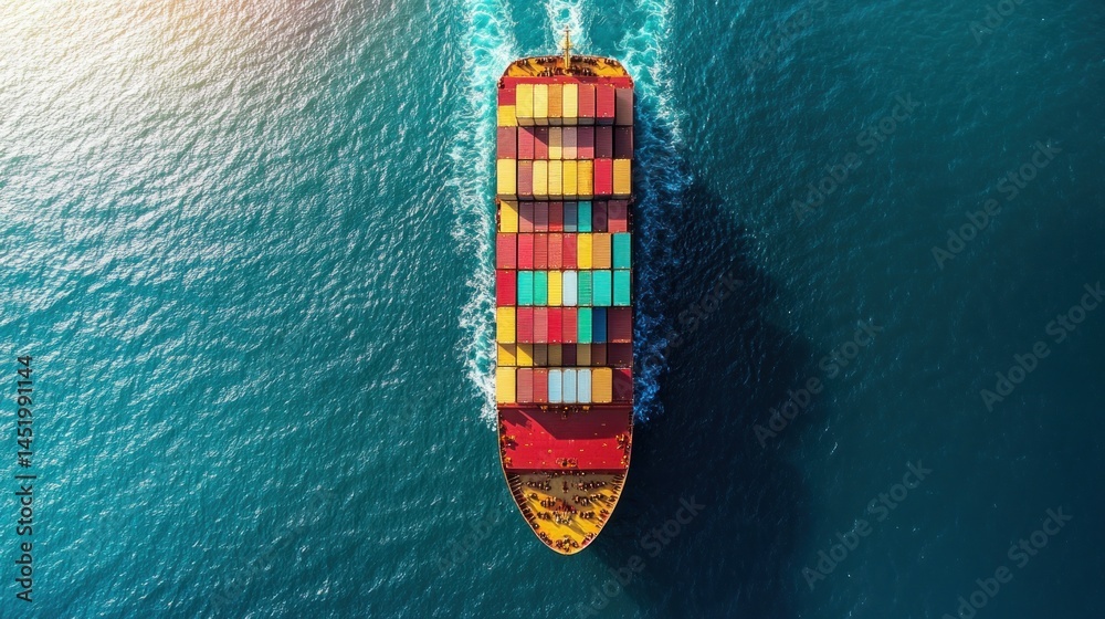 Aerial view of cargo ship sailing on the ocean Aerial view of cargo ship sailing on the ocean