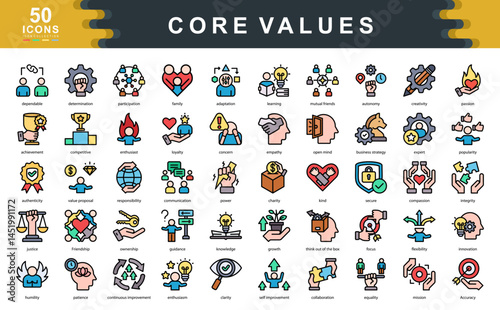 The Core Values flat line icon set highlights principles like integrity, passion, and collaboration ideal for defining workplace culture, leadership identity, and organizational alignment.