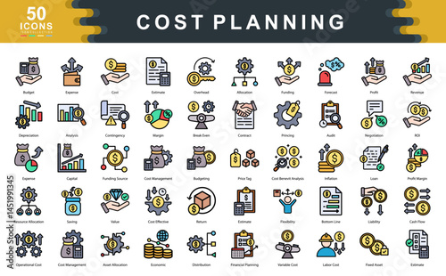 The Cost Planning flat line icon set outlines essential financial concepts like budgeting, forecasting, and resource allocation ideal for project planning, cost control, and financial strategy.