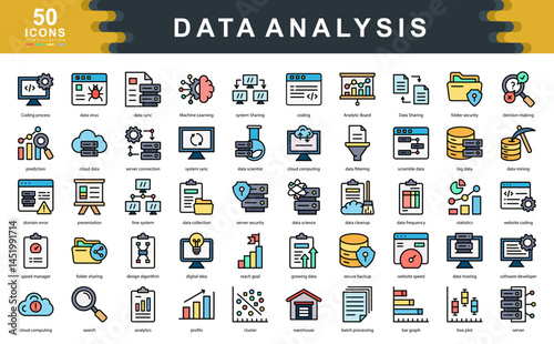 The Data Analysis flat line icon set captures core elements like machine learning, data mining, and statistics. Ideal for visualizing research, reporting, and digital transformation workflows.