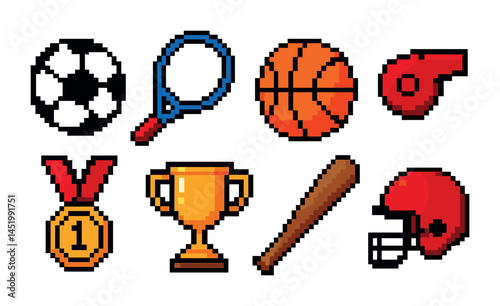 Sports and games pixel art icons set – playful, retro, athletic symbols
