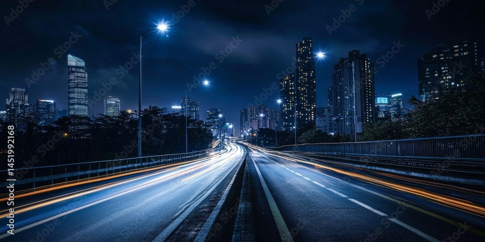 Fototapeta premium Light trails weave through the bustling urban landscape.