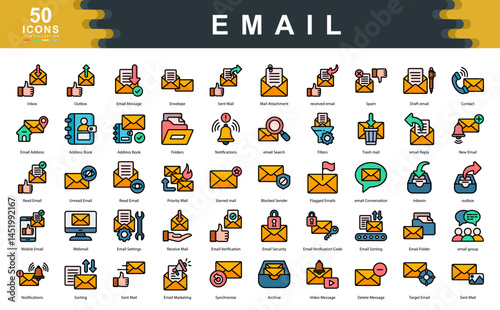 The Email flat line icon set highlights key communication tools such as inbox management, filtering, and security ideal for messaging platforms, digital marketing, and workflow optimization.