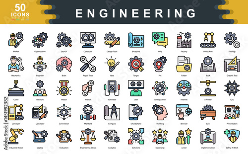 The Engineering icon set defines key drivers of technical success such as innovation, problem solving, and precision, ideal for design processes, system development, and industrial applications.