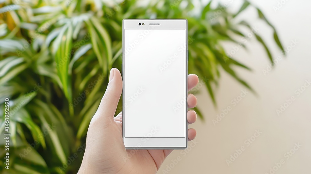 A person holding a blank smartphone in front of lush green plants indoors