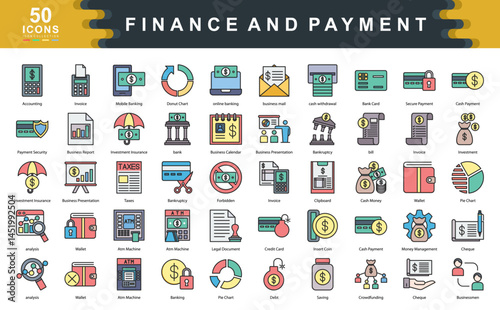 The Finance and Payment flat line icon set defines key drivers of financial management such as security, accounting, and investment, ideal for budgeting, fintech solutions, and payment systems.