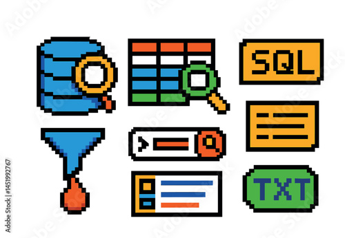 Retro database and data analysis icons for tech projects