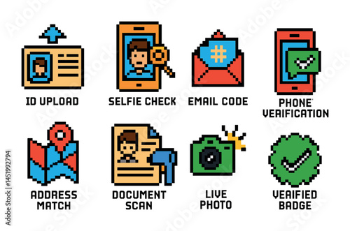 Verification and security icons set – pixel art, identity, authentication symbols