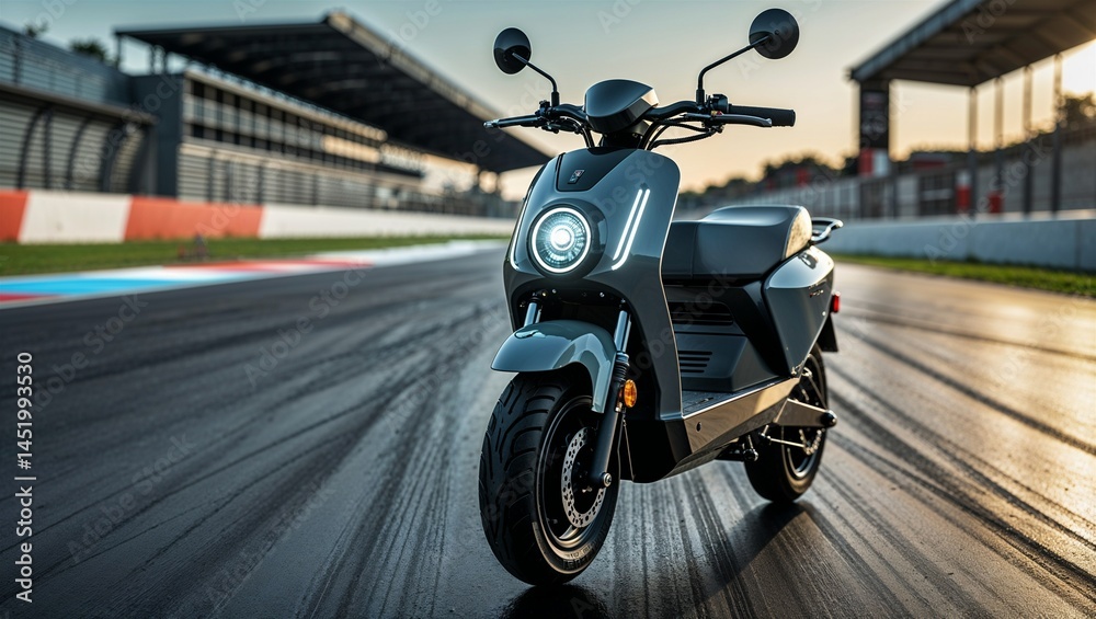 Naklejka premium Photorealistic image of a electric scooter on a racetrack
