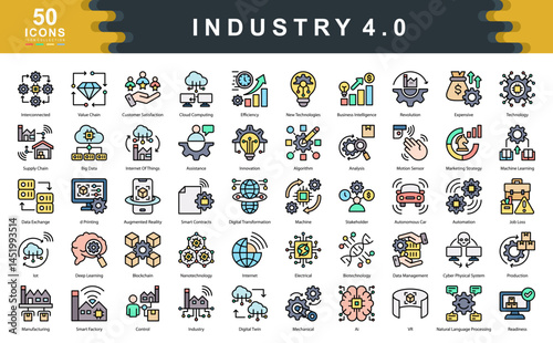The Industry 4.0 flat line icon set captures digital transformation across manufacturing, automation, IoT, and AI perfect for visualizing innovation, connectivity, and smart production systems.