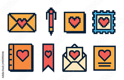 Love and communication pixel art icons set – flat, filled, romantic symbols