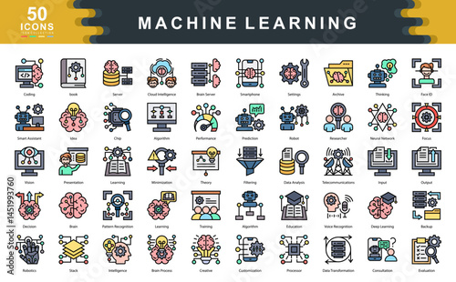 Machine Learning flat line icon set illustrates essential concepts like algorithms, neural networks, and data analysis ideal for tech presentations, AI platforms, and educational content.
