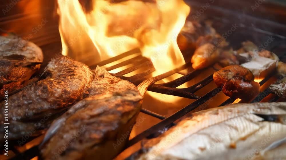 Various fishes on a hot grill being cooked with flame, summer cooking, outdoor grilling food for summer