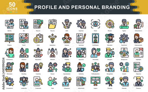 Profile and Personal Branding flat line icon set highlights identity, strengths, and visibility. Ideal for career development, professional profiles, and self marketing strategies.