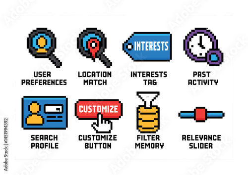User preferences pixel art icons set – customizable search, filter, activity symbols