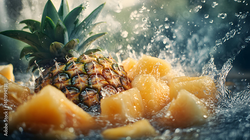 Close-up view of a fresh pineapple, diced into slices, surrounded by water splashes. The image showcases the vibrant yellow flesh of the fruit.