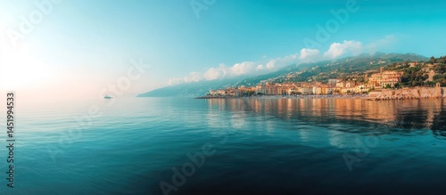 Wallpaper Mural Coastal town sunrise, calm sea, misty hills, travel Torontodigital.ca