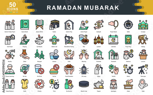 The Ramadan Mubarak icon set reflects spiritual devotion and cultural traditions of the holy month, perfect for faith based designs, educational content, and festive campaigns.