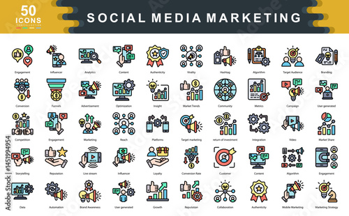 Social Media Marketing flat line Icons Collection contains Metrics,Campaign, Video,Market Share, Marketing, Customer,Loyalty, Platforms,Authenticity,Growth,Metric Icons Simple Illustration
