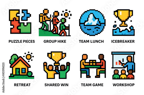 Team building pixel art icons set – isometric, outline, collaboration symbols