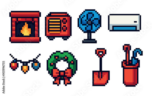 Home and holiday pixel art icons set – winter, festive, seasonal symbols
