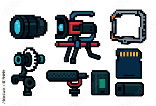 Photography gear pixel art icons set – camera, equipment, digital symbols