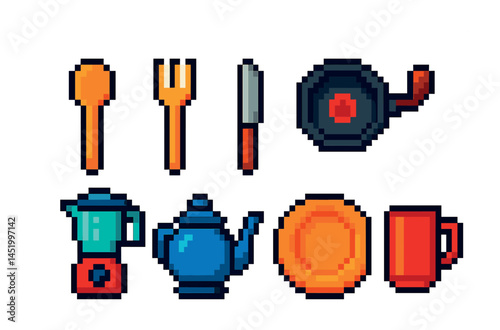 Kitchen and cooking pixel art icons set – culinary, outline, chef tools graphics
