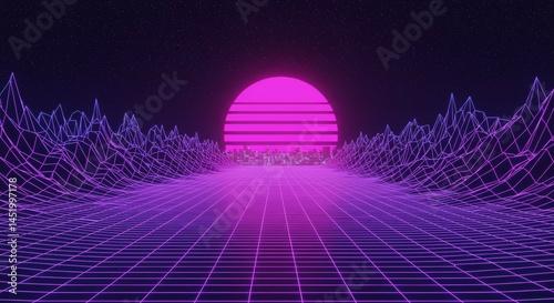 Purple Grid Landscape with Rising Sun Over City Silhouette