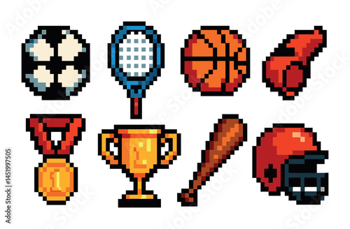 Sports equipment pixel art icons set – pixelated, gaming, athletic symbols