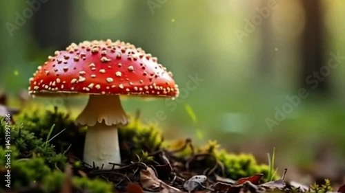 Red Amanita Mushroom in Forest with Soft Morning Light