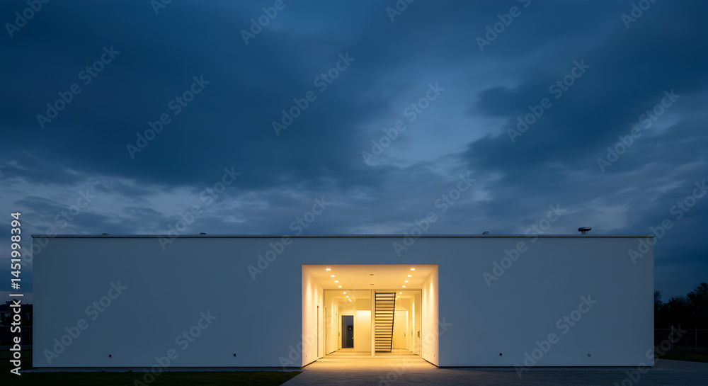 Fototapeta premium Modern Architecture With Illuminated Entrance Against a Dramatic Evening Sky