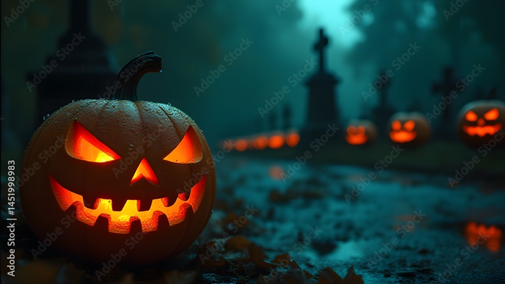 Fototapeta premium Spooky Halloween Jack O'Lanterns in Cemetery