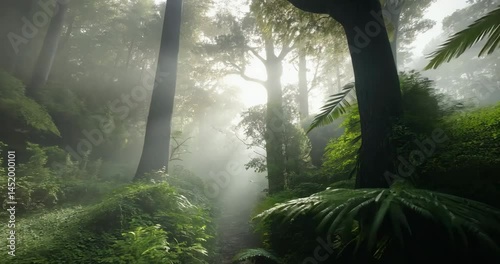 Sunbeams Through Morning Mist in Lush Tropical Forest
