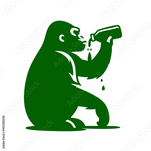 Gorilla Drinking from Bottle: Green Silhouette Vector Graphic