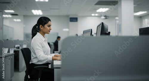 Wallpaper Mural Focused Professional Woman Working at Modern Office Desk, Concentrated on Computer Tasks, Efficient Workplace Productivity Torontodigital.ca