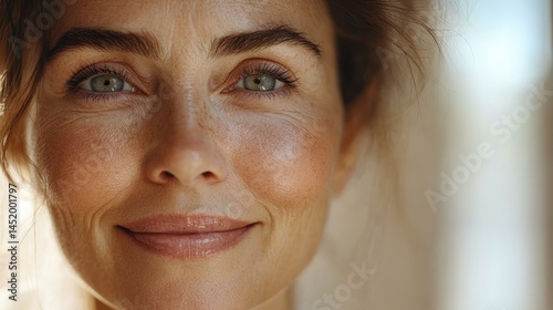 Close-up of a woman's face with fair skin and light brown hair.