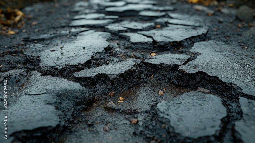 Fototapeta premium Damaged wet path, cracked asphalt