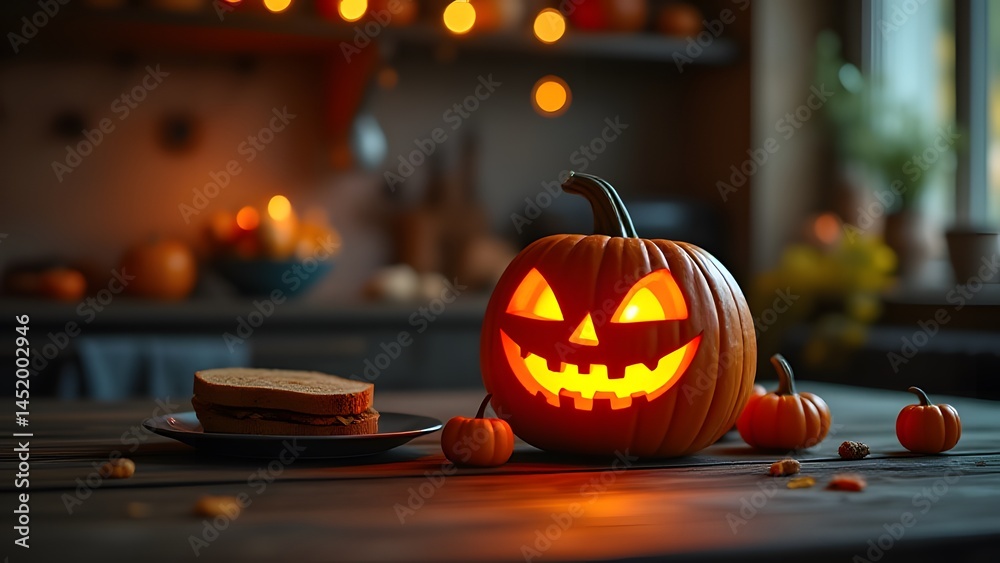 Fototapeta premium Spooky Halloween Jack-o'-lantern with Sandwich