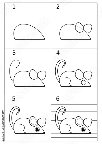 step-by-step instructions on how to draw a mouse. a small animal on a wooden floor. coloring book, tutorial, instructions for learning how to draw.
